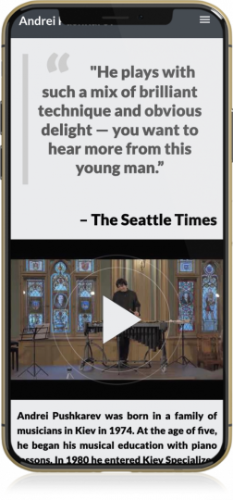 musician website image, mobile website view of a percussionist